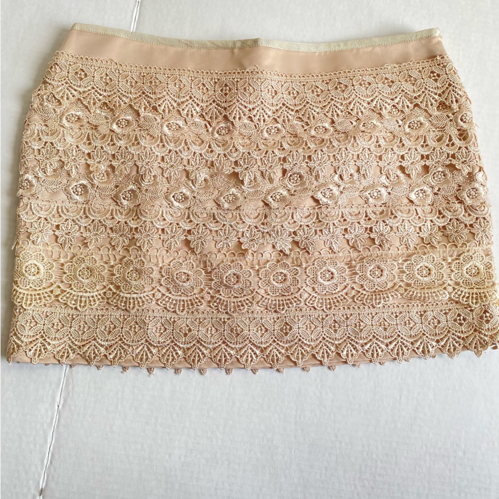 Champagne Feminine Layered Lace Festival Boho Artsy Coastal Mini Skirt L